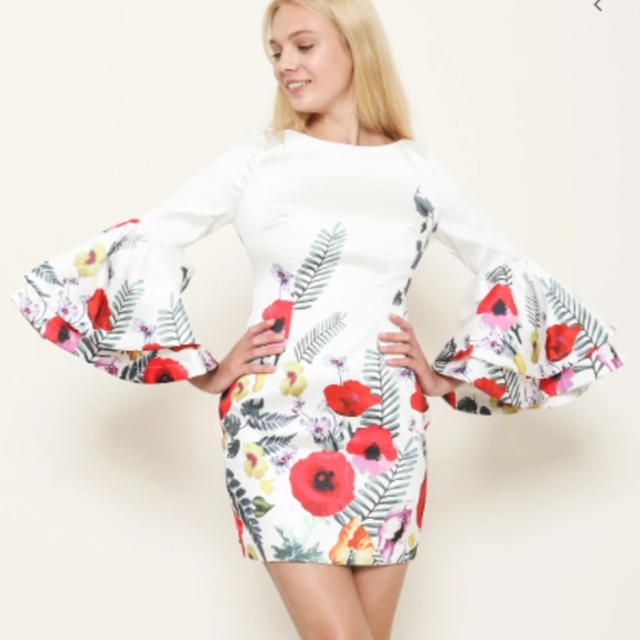 LATISTE White Floral Tiered Bell Sleeve Mini Dress - Picture 3 of 6